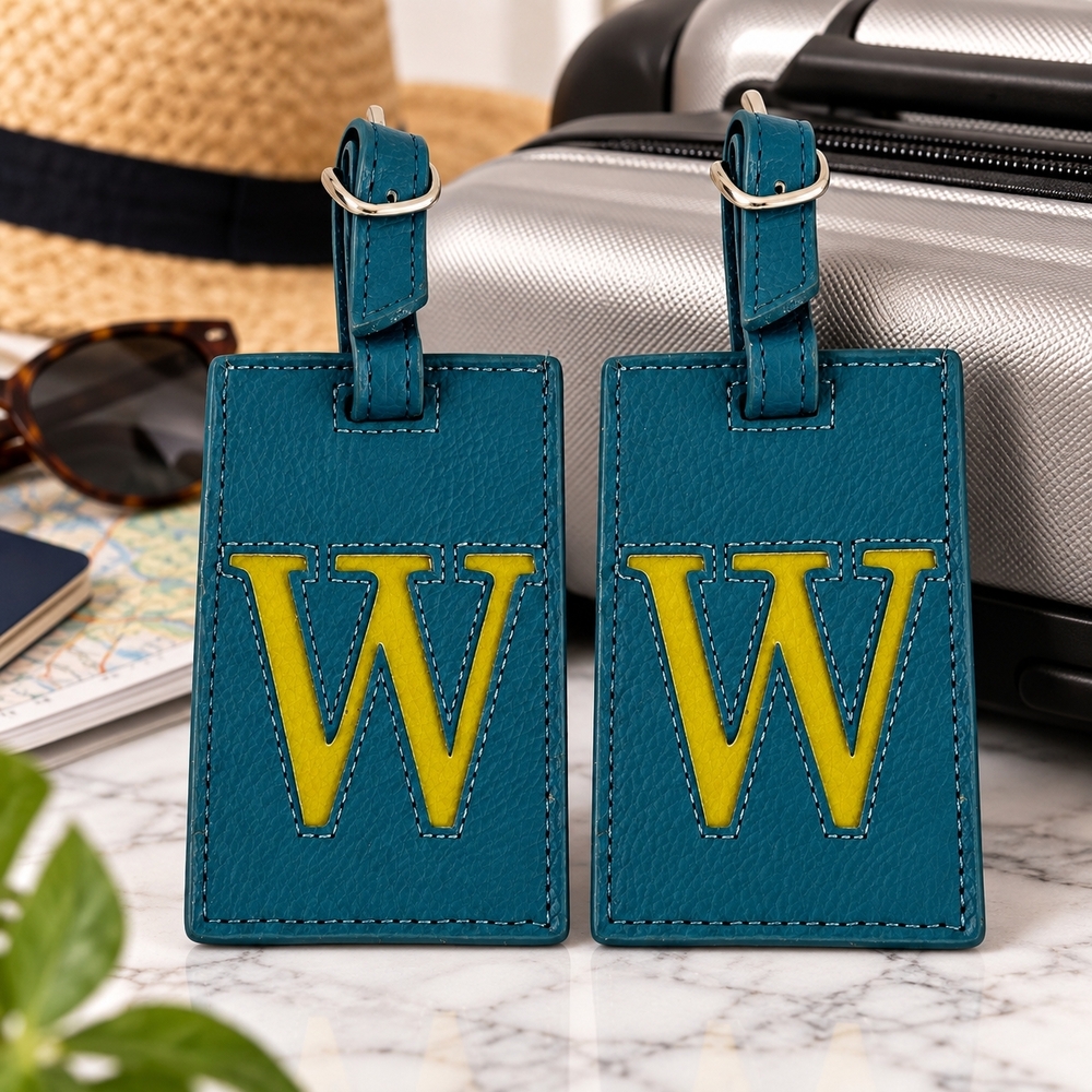 Pair of Teal Mustard Leather Luggage Tags Letter W Monogram New